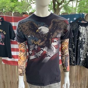 Vintage Y2K Bald Eagle American flag All over print Liquid blue T-shirt Size M